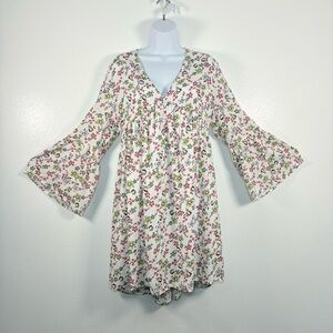 Entro Floral V-Neck Long Bell Sleeve Cottagecore Lace Up Corset Back Dress SzL